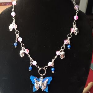✨ Skull Butterfly Necklace | Color-Shifting Pink-Blue Beads & Charms | Handmade